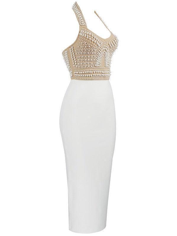 Isabella Halterneck Pearls Bandage Dress In Beige - Image 8