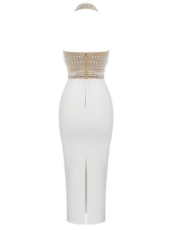 Isabella Halterneck Pearls Bandage Dress In Beige - Image 9