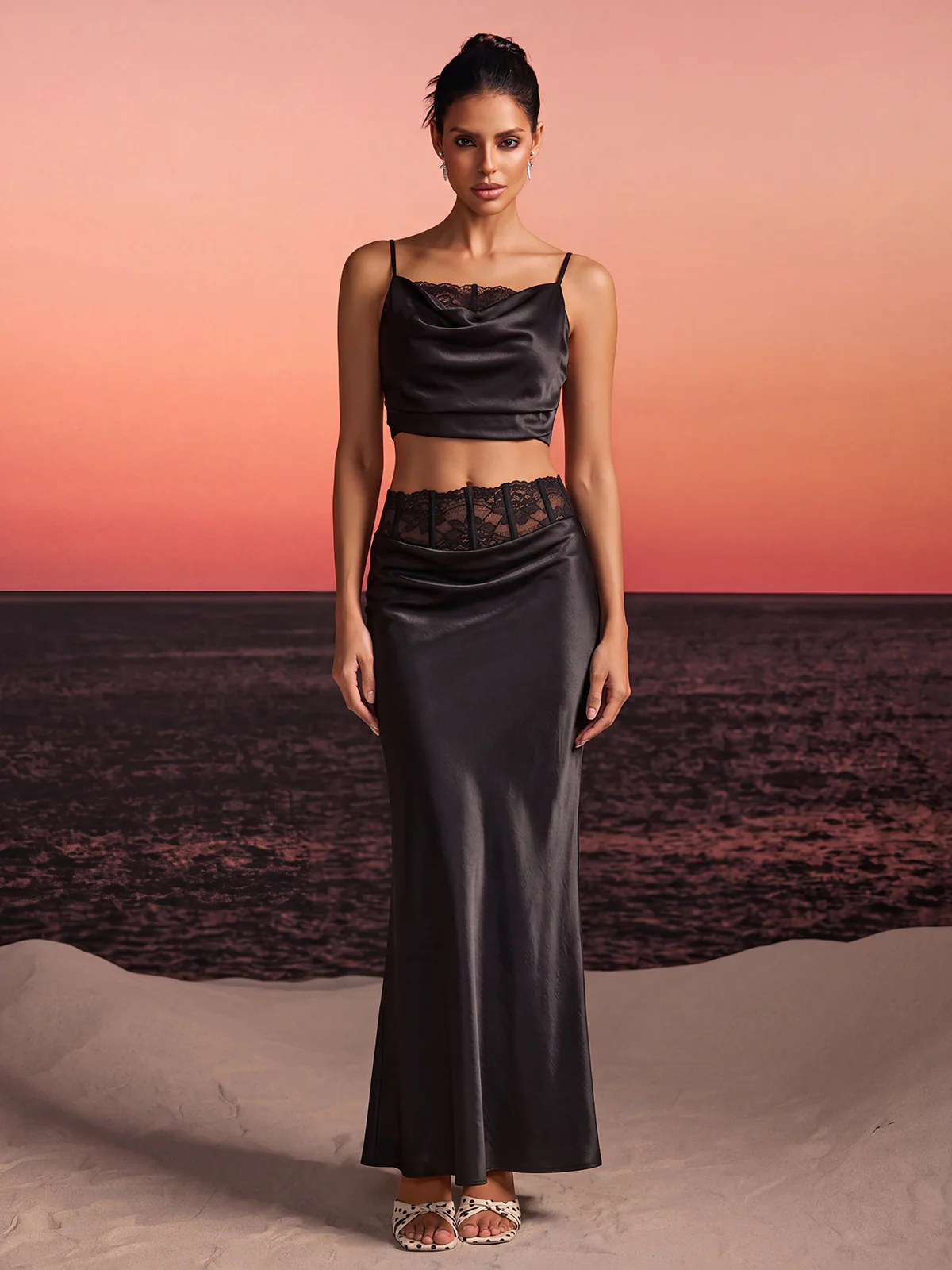 Iseron Spaghetti Lace Skirt Set In Black - Image 2