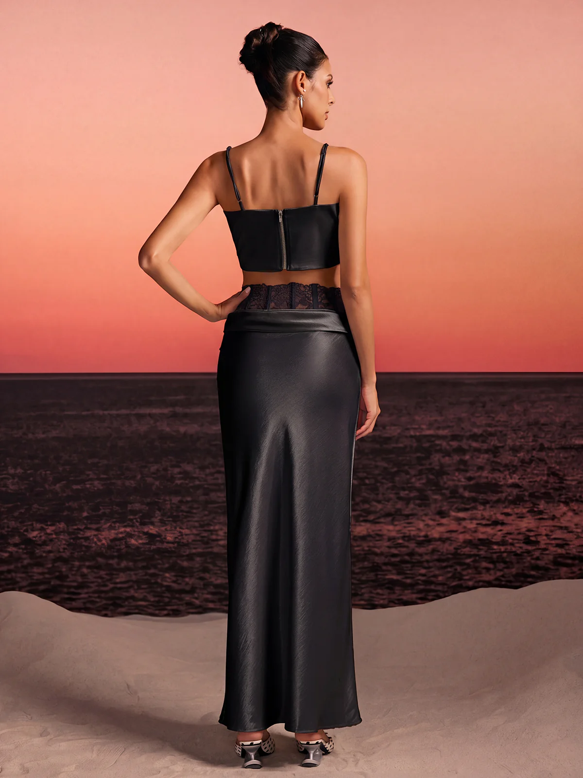 Iseron Spaghetti Lace Skirt Set In Black - Image 6