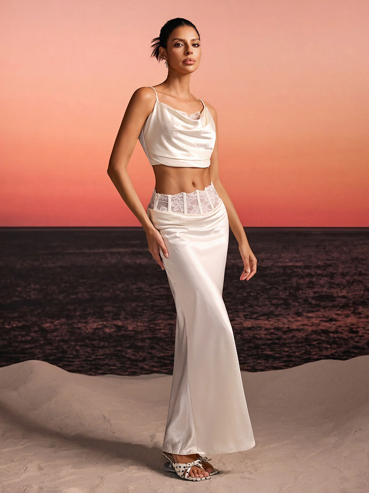 Iseron Spaghetti Lace Skirt Set In White - Image 2