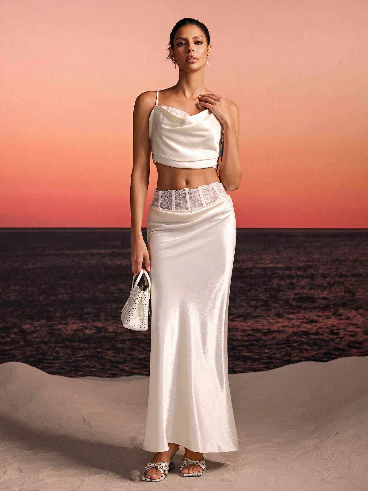 Iseron Spaghetti Lace Skirt Set In White - Image 3