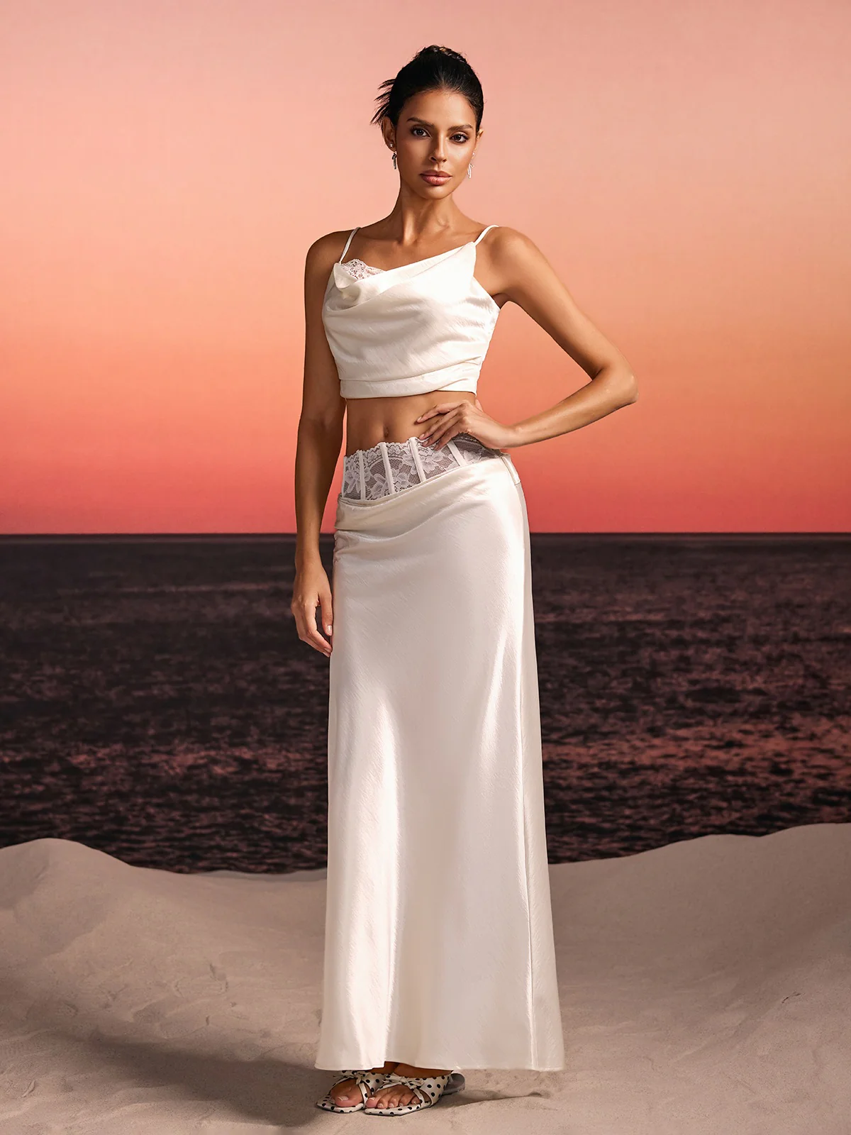 Iseron Spaghetti Lace Skirt Set In White - Image 4