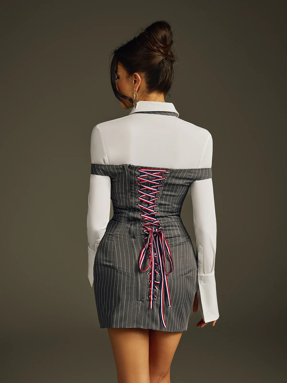 Ithron Folded Collar Stripe Mini Dress - Image 6