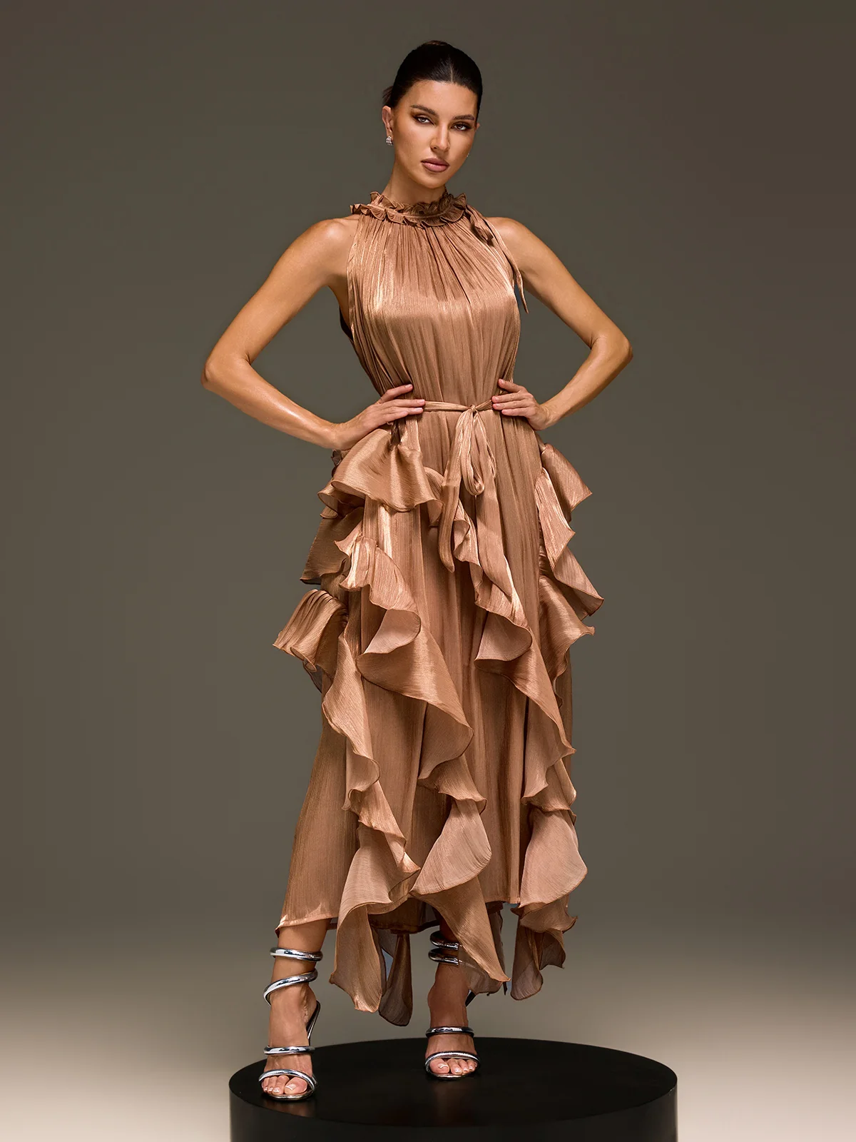 Iverdan Sleeveless Ruffle Maxi Dress