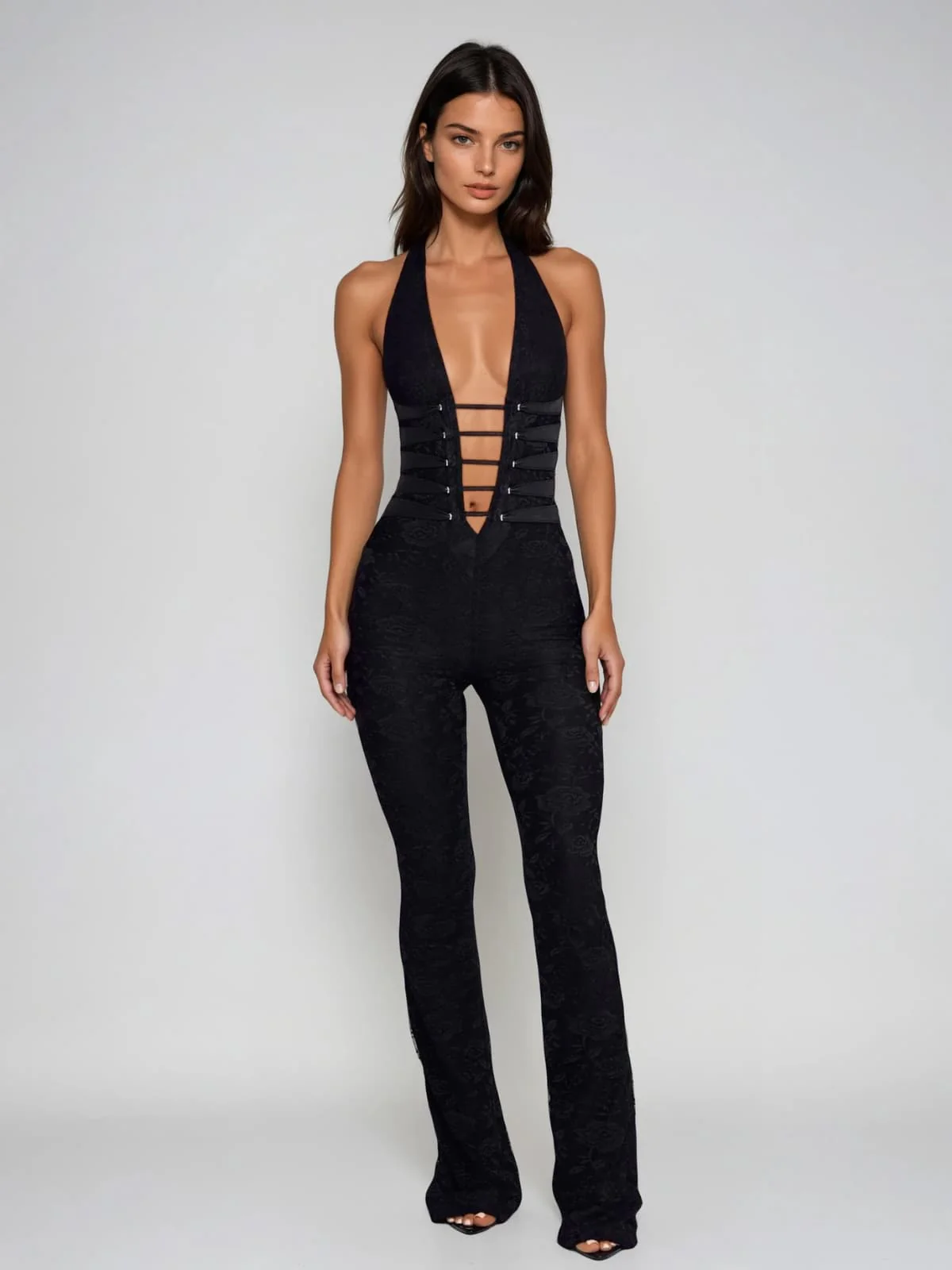 Ixelyn Plunge Neck Lace Jumpsuit