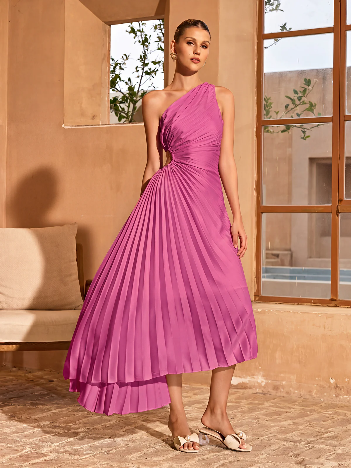 Jasen One Shoulder Pleated Midi Dress In Hot Pink