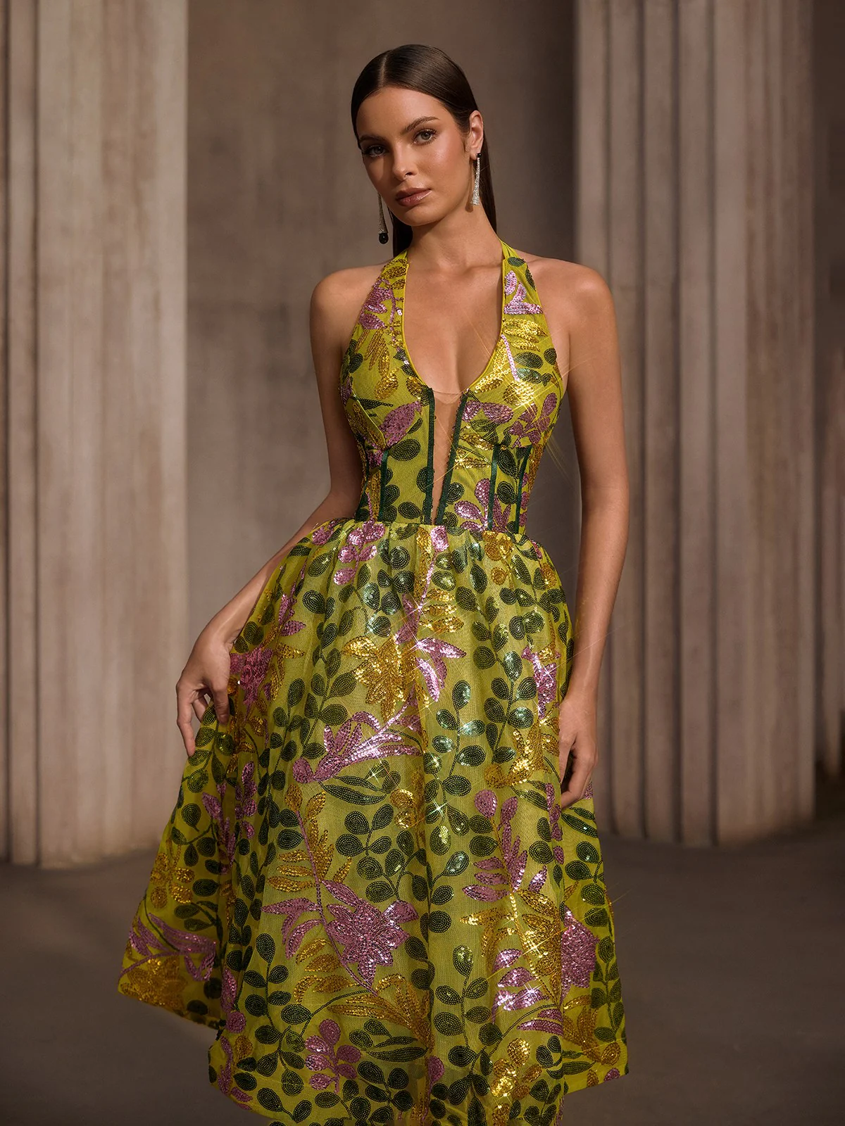 Javixor Plunge Neck Floral Sequin Midi Dress - Image 5