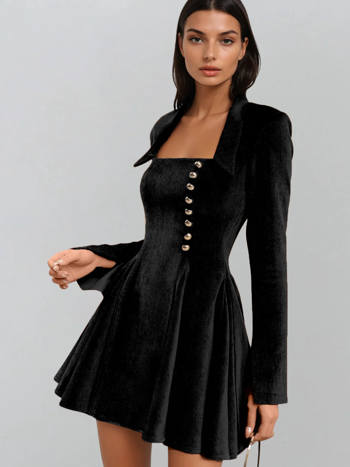 Jazziell Long Sleeve Velvet Mini Dress In Black - Image 2