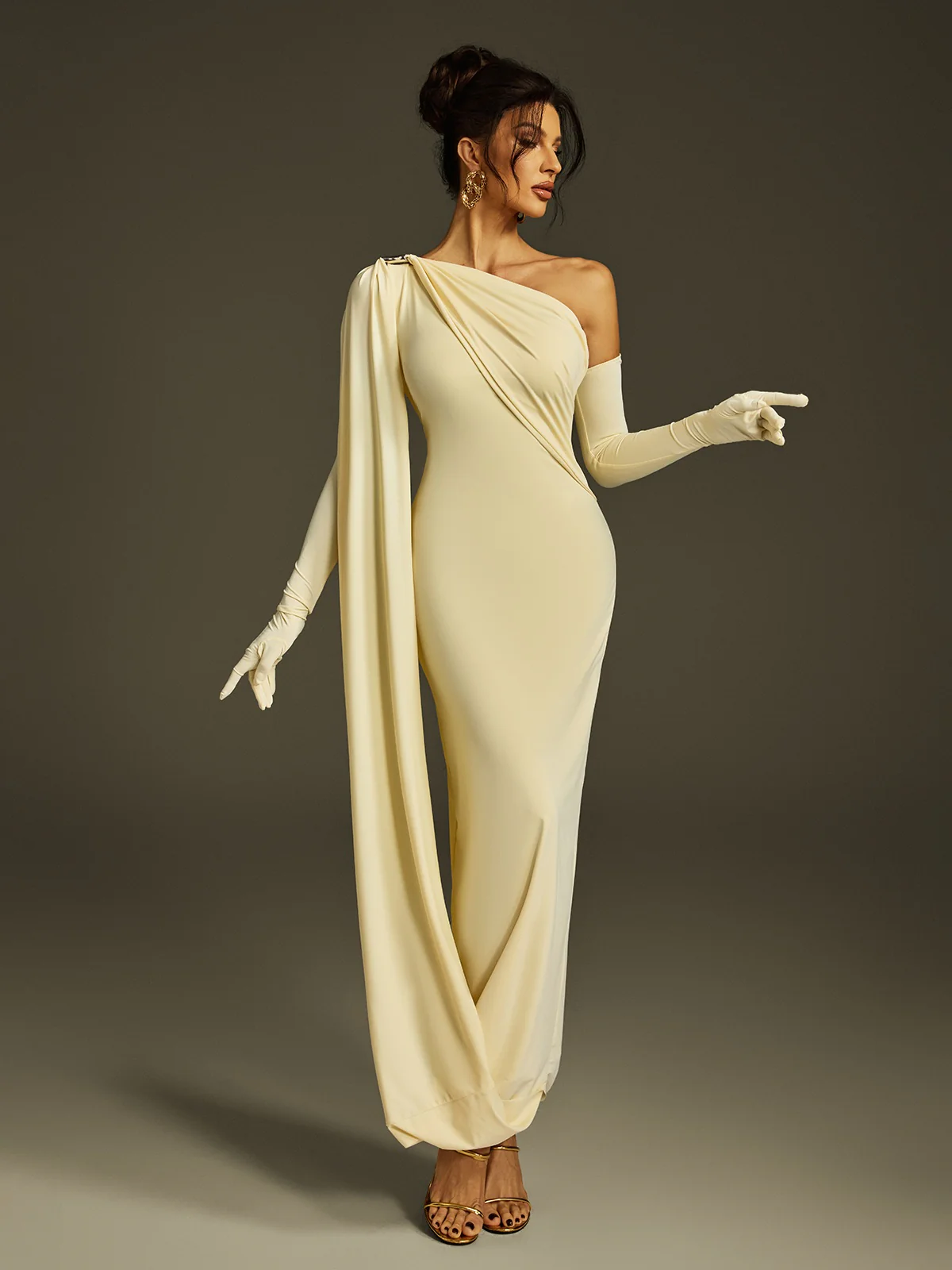 Jehiel One Shoulder Draped Maxi Dress In Butter Yellow - Image 2