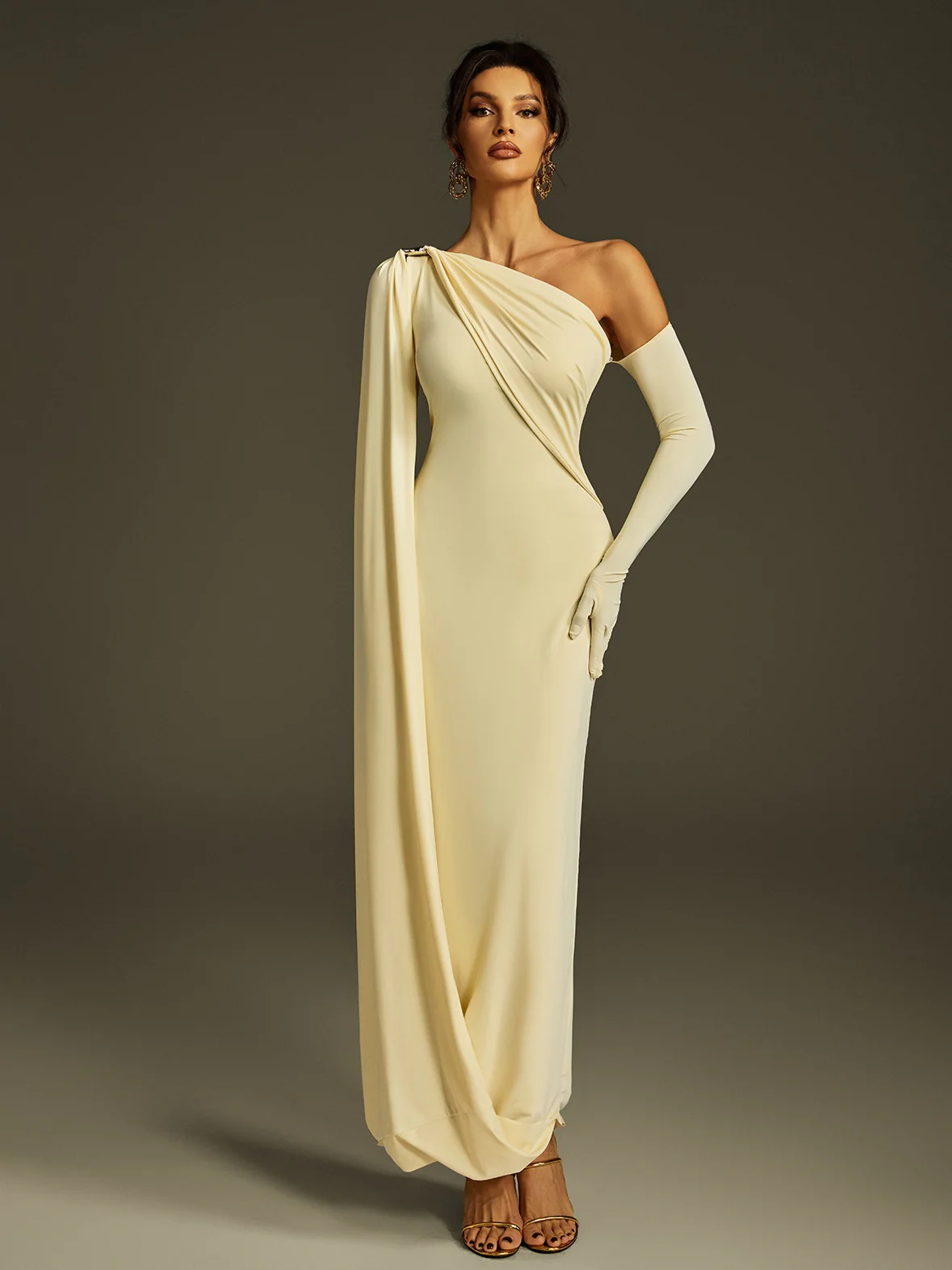 Jehiel One Shoulder Draped Maxi Dress In Butter Yellow - Image 3