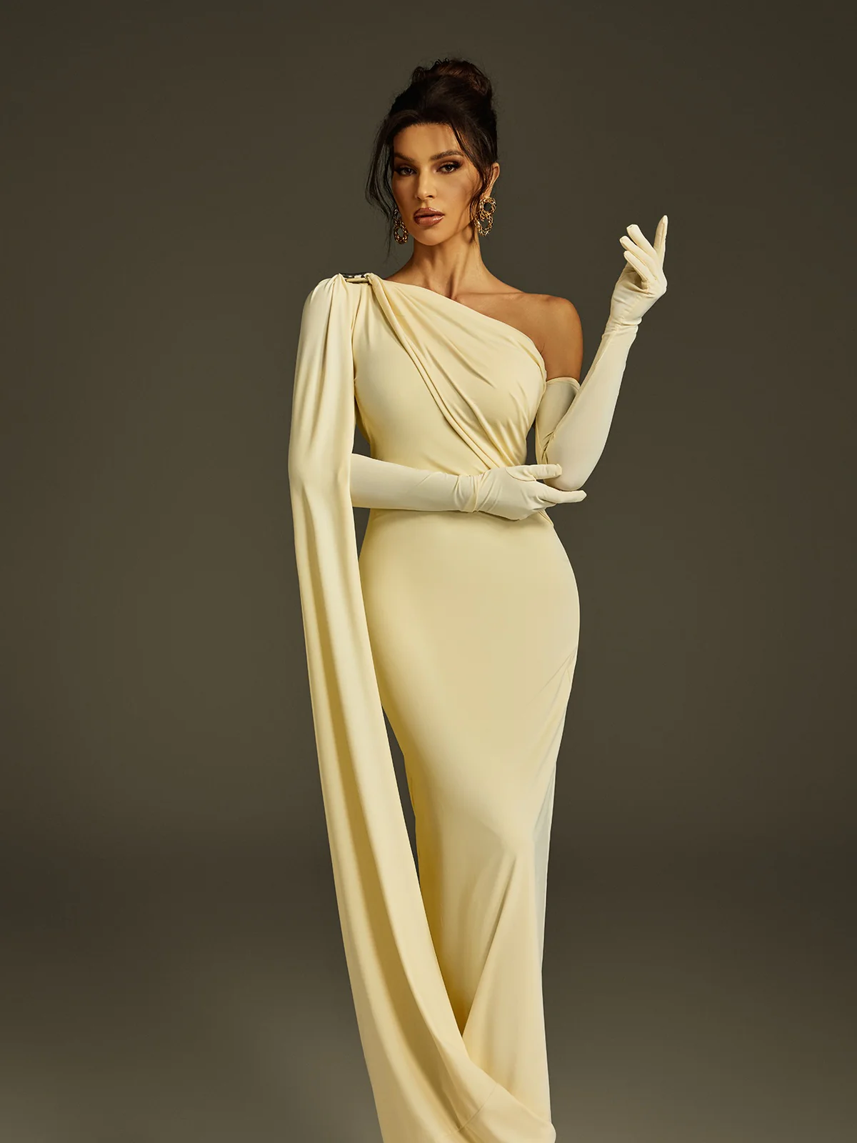 Jehiel One Shoulder Draped Maxi Dress In Butter Yellow - Image 5