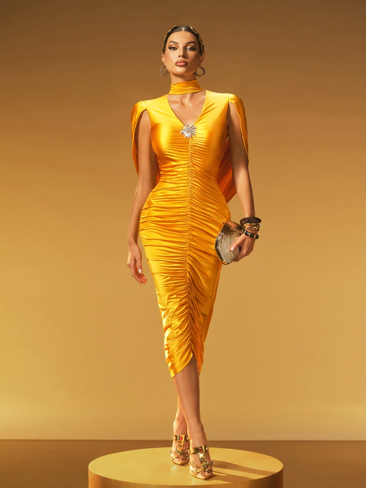 Jexara V Neck Ruched Midi Dress - Image 4