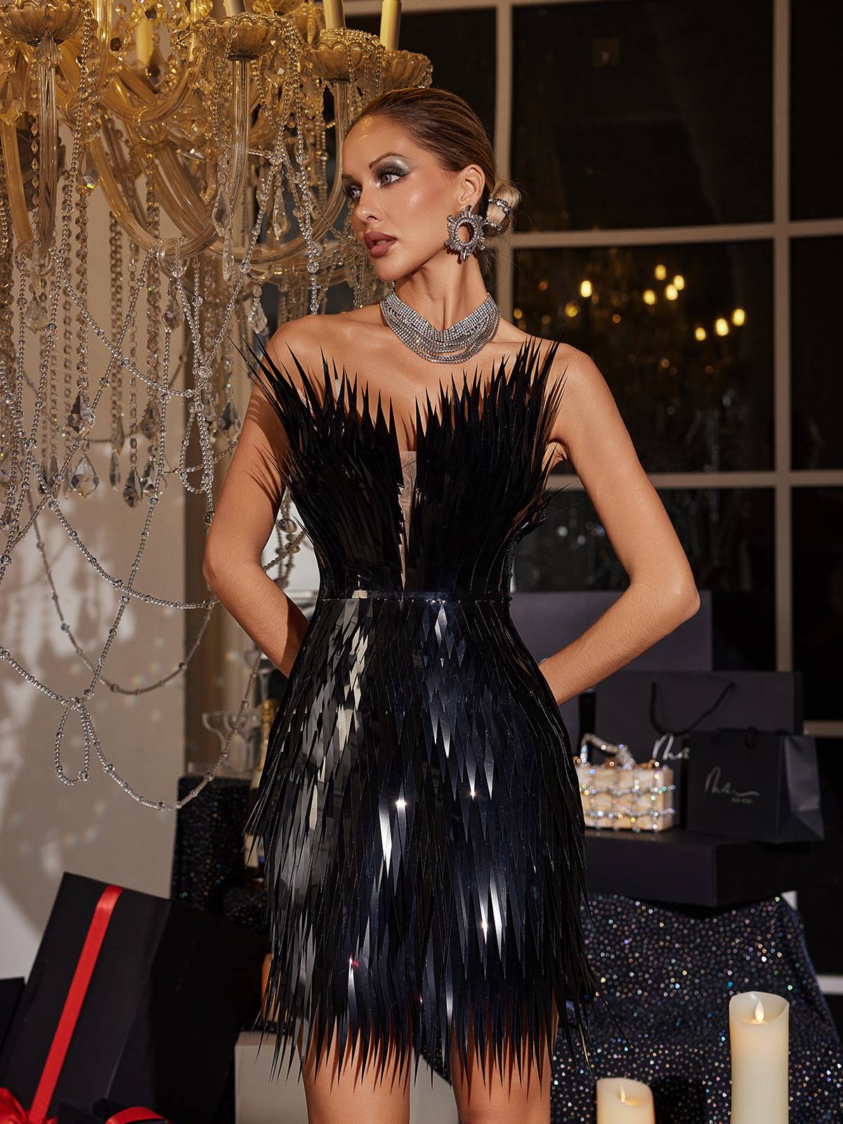Jimmie Metal Feather Mini Dress In Black - Image 4