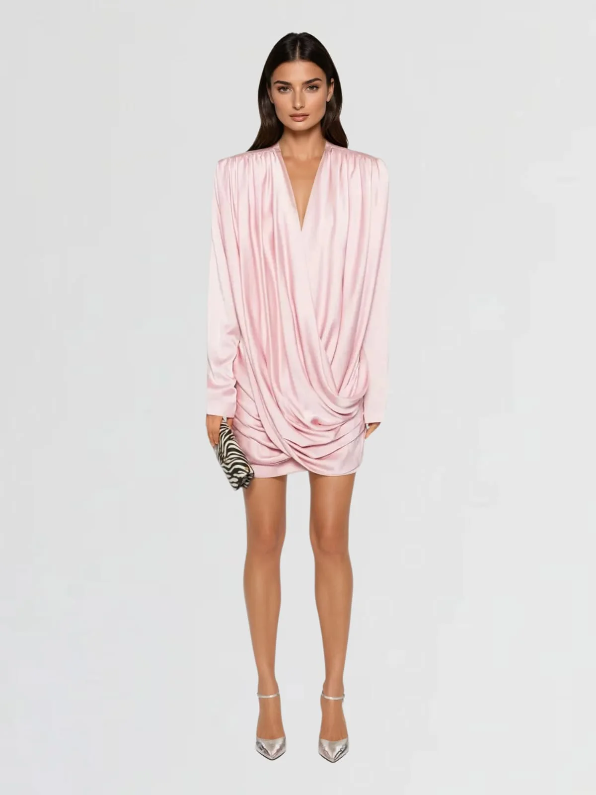 Jounceor V Neck Satin Ruched Mini Dress