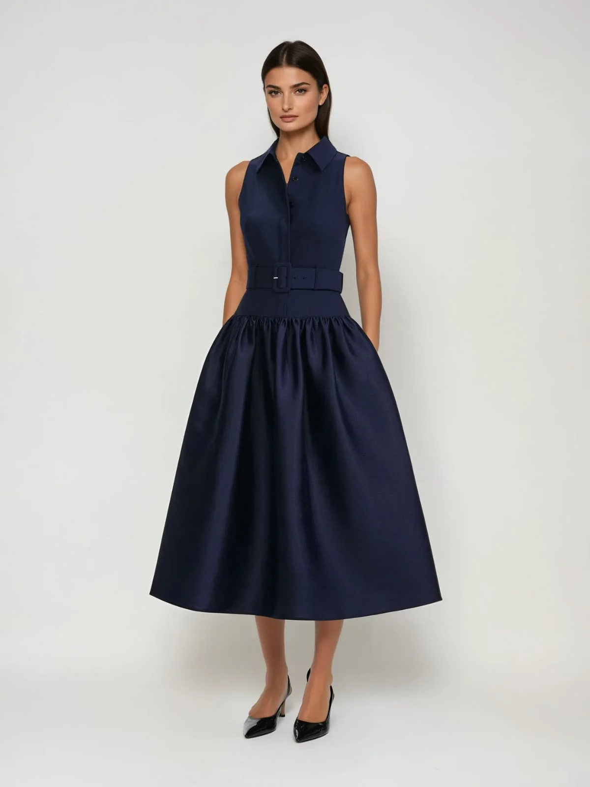 Jovisonic Folded Collar Midi Dress With Belt - Image 3