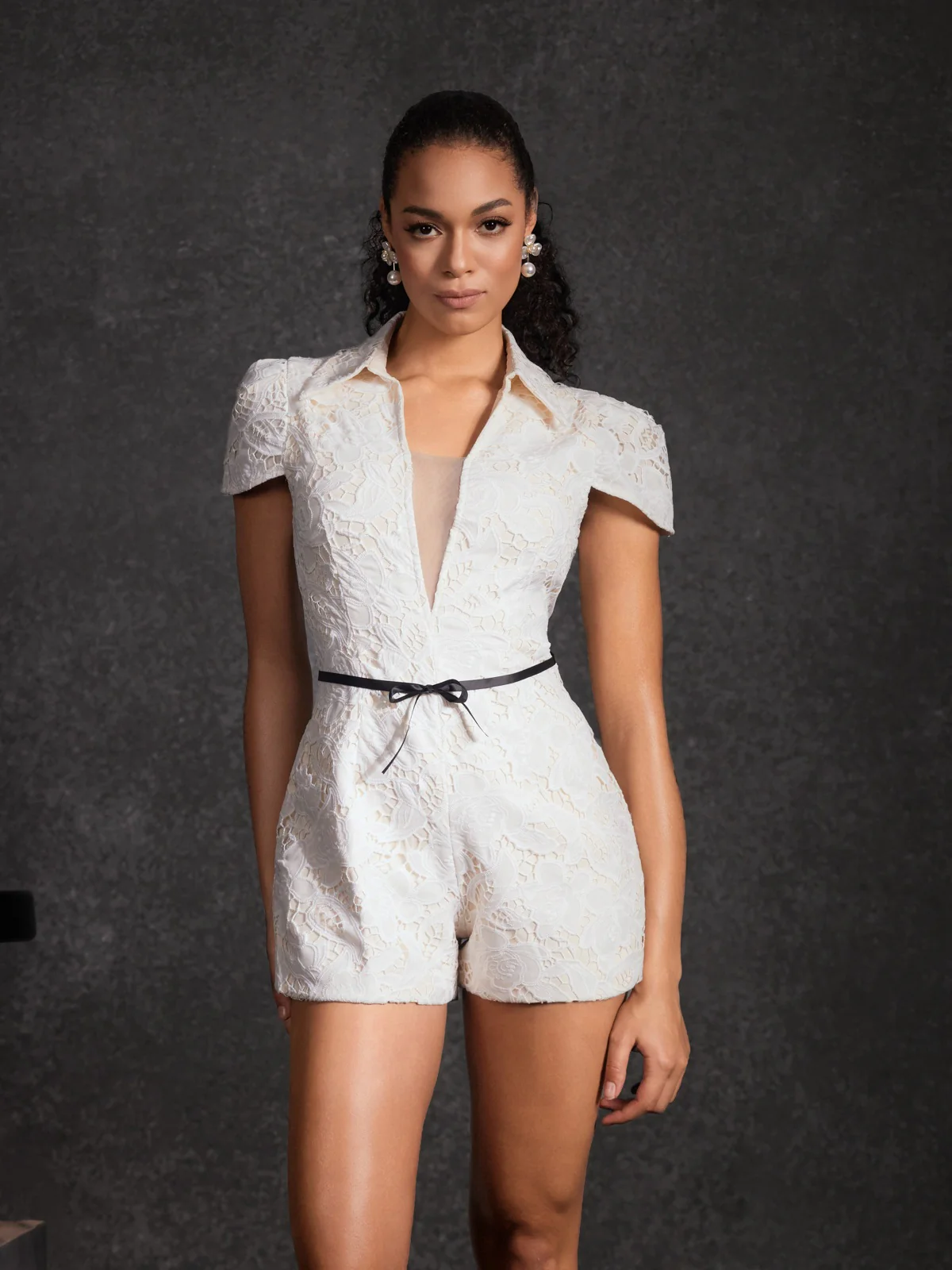 Kafele V Neck Lace Embroidered Romper