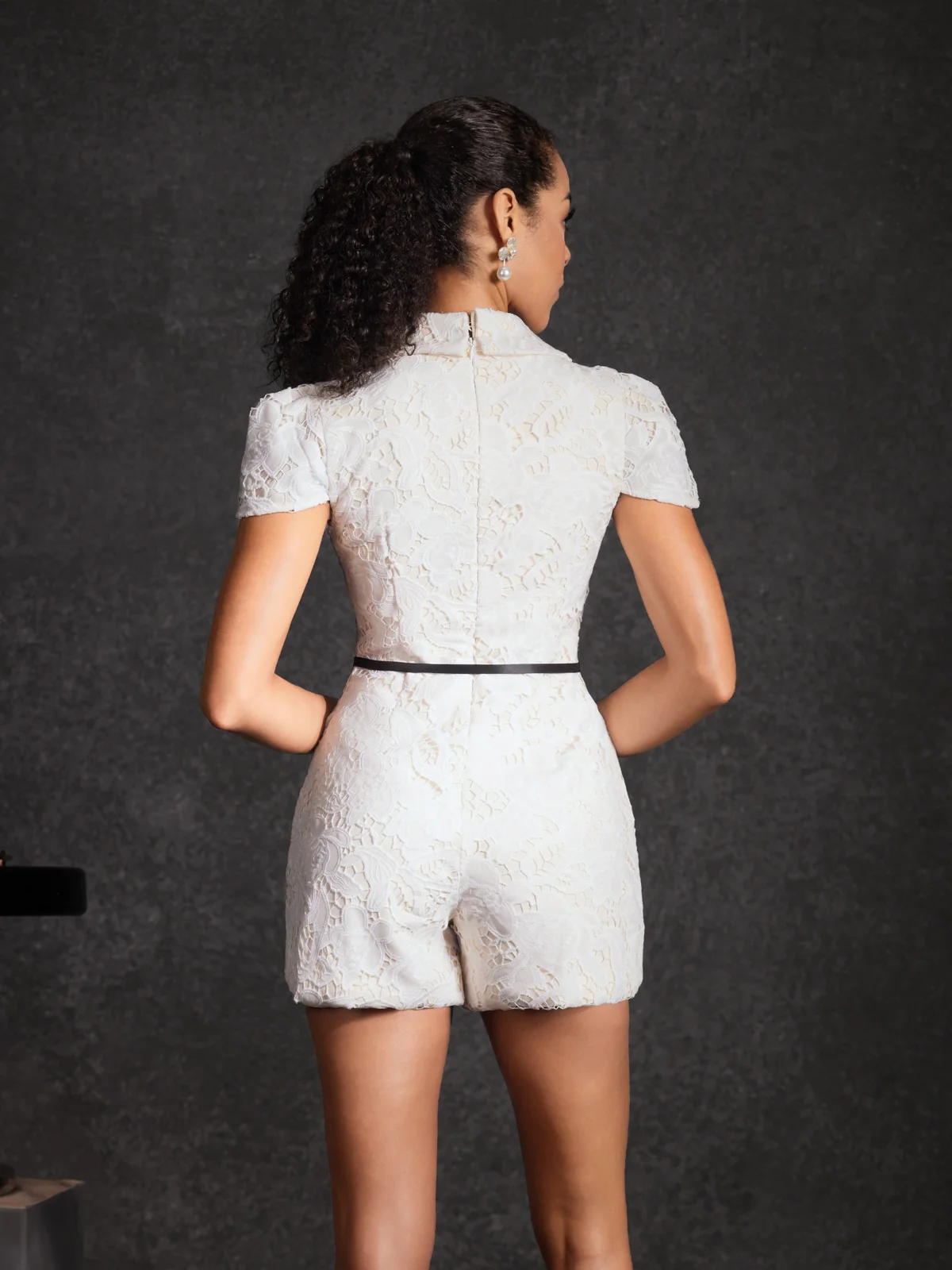 Kafele V Neck Lace Embroidered Romper - Image 6