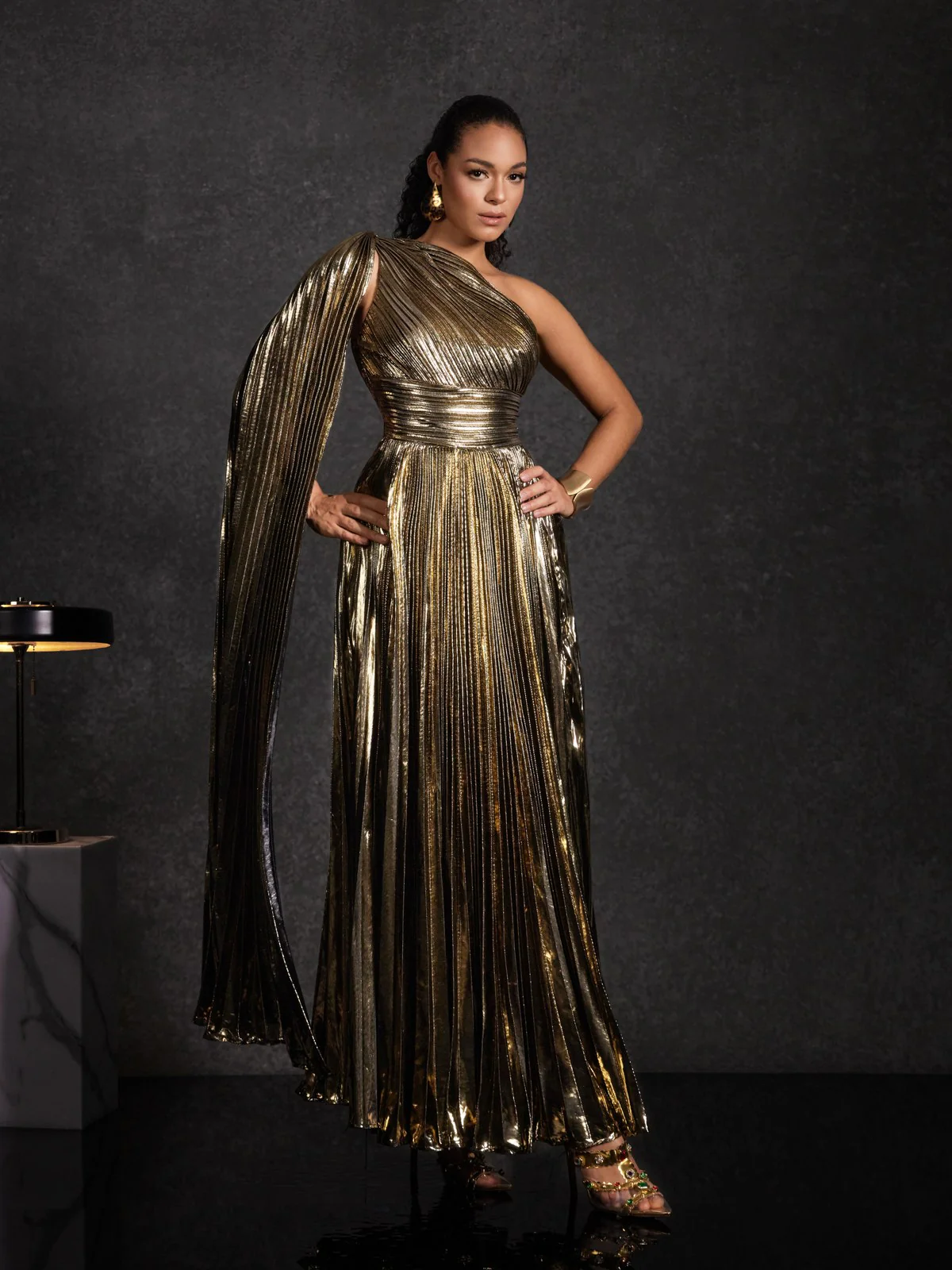 Kaleen One Shoulder Pleated Metallic Dress - Image 2