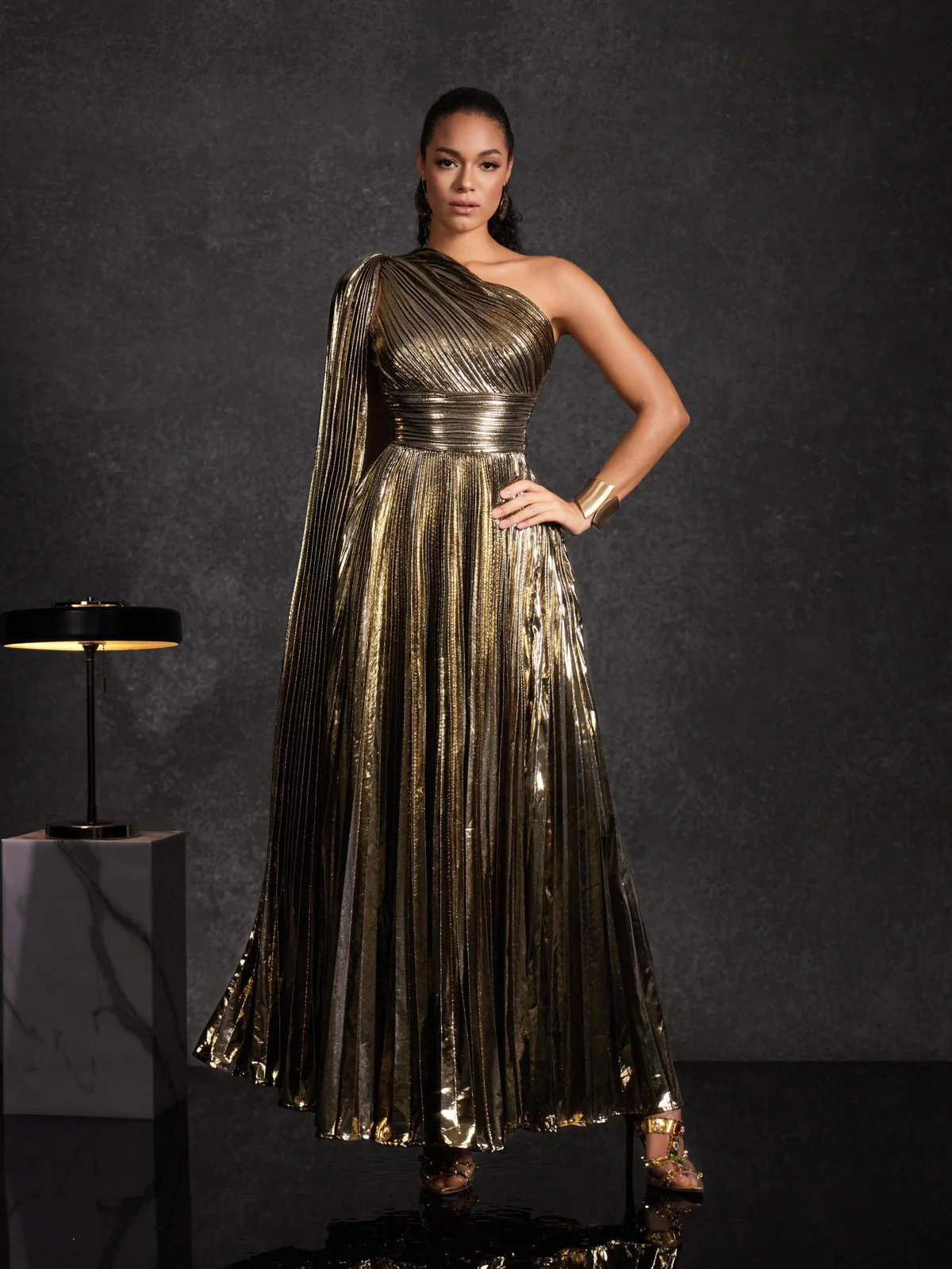 Kaleen One Shoulder Pleated Metallic Dress - Image 3