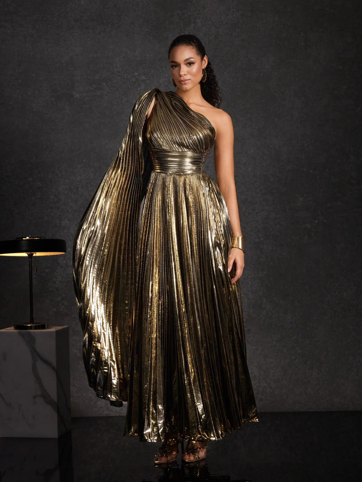 Kaleen One Shoulder Pleated Metallic Dress - Image 4