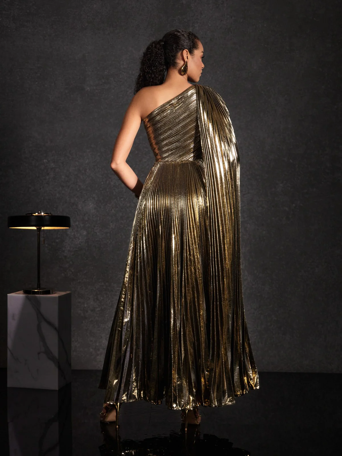 Kaleen One Shoulder Pleated Metallic Dress - Image 6