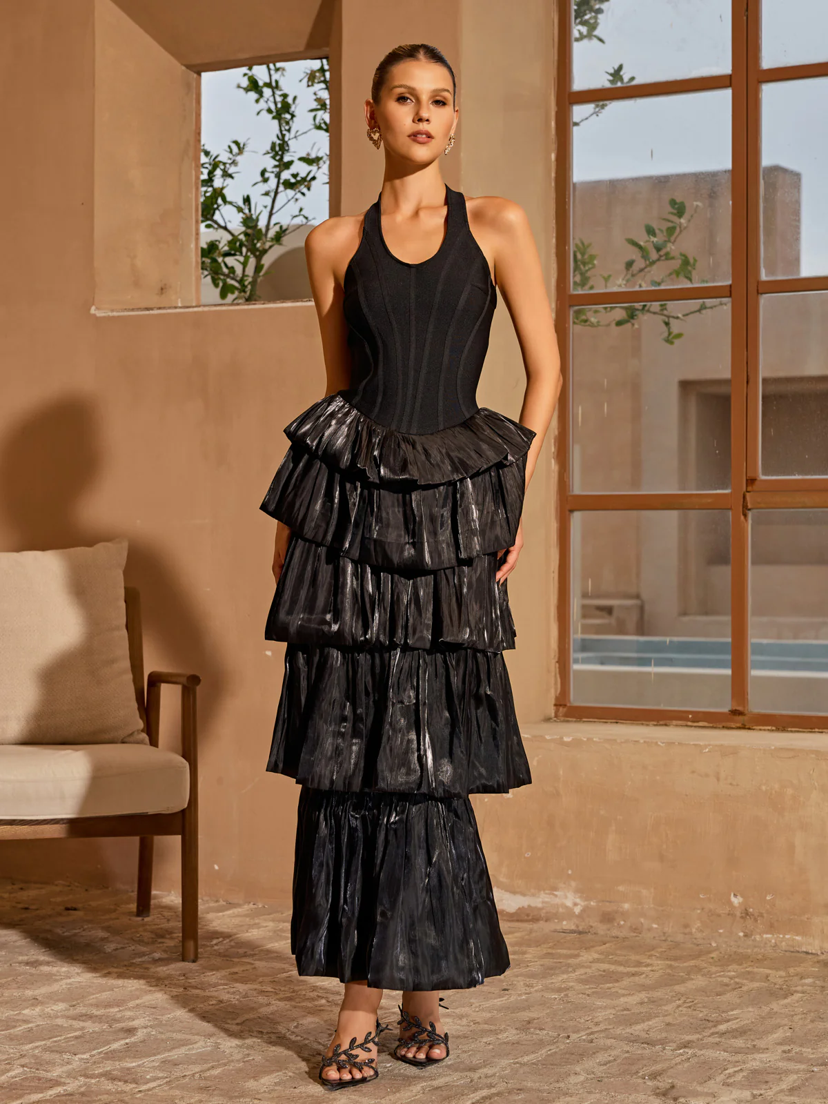 Karev Halterneck Tiered Maxi Dress