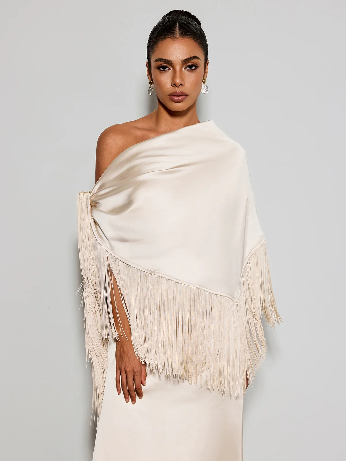 Karneth One Shoulder Fringe Satin Maxi Dress - Image 3