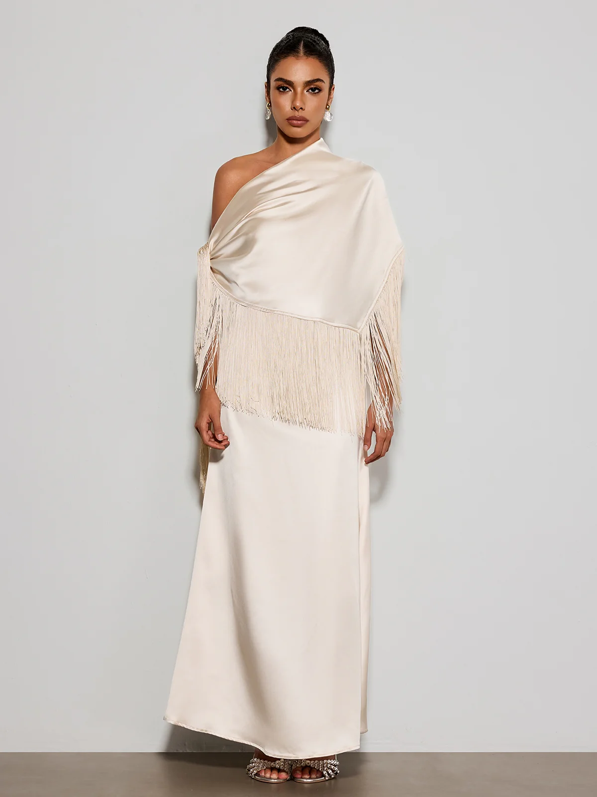 Karneth One Shoulder Fringe Satin Maxi Dress - Image 4