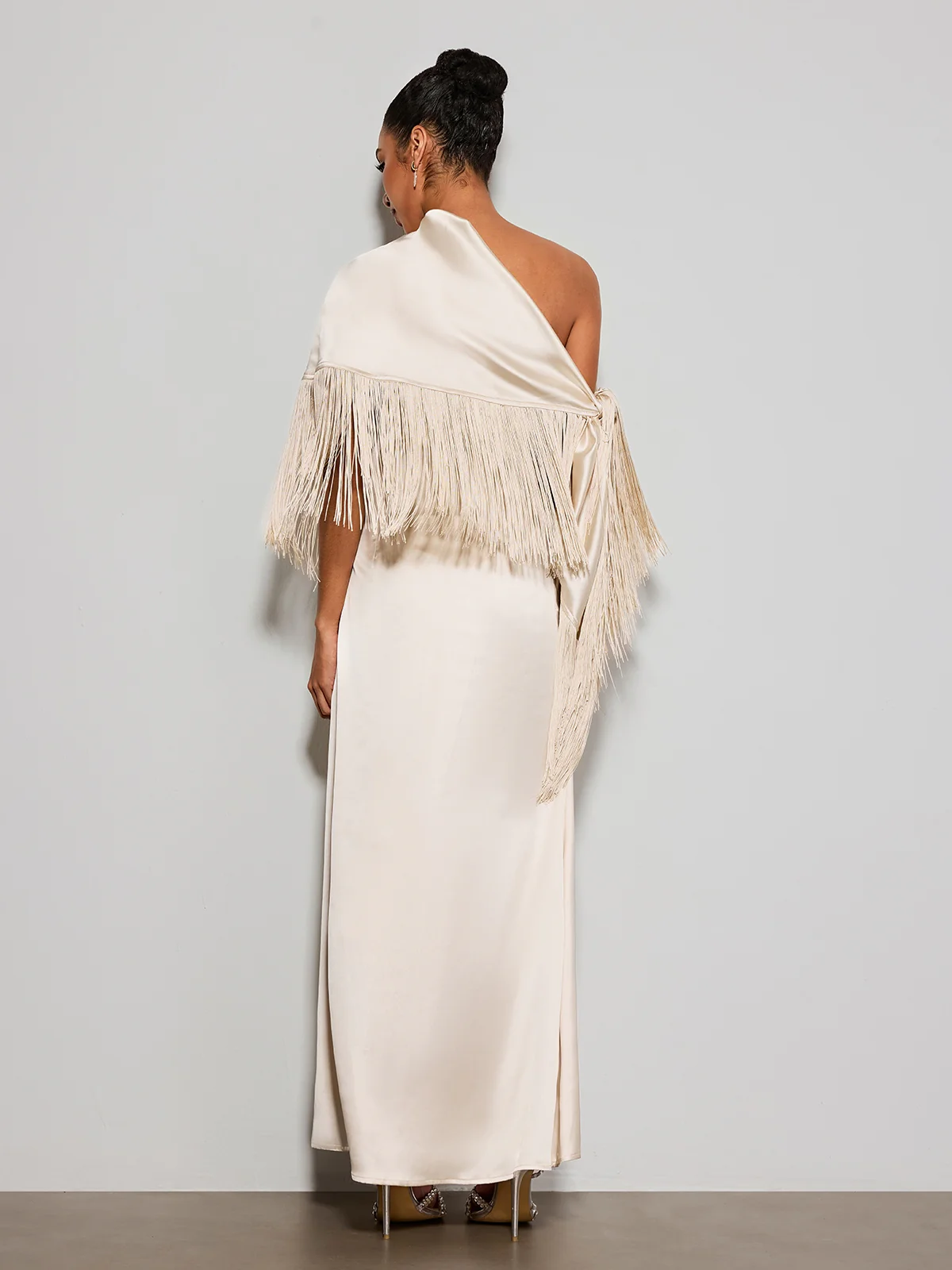 Karneth One Shoulder Fringe Satin Maxi Dress - Image 7