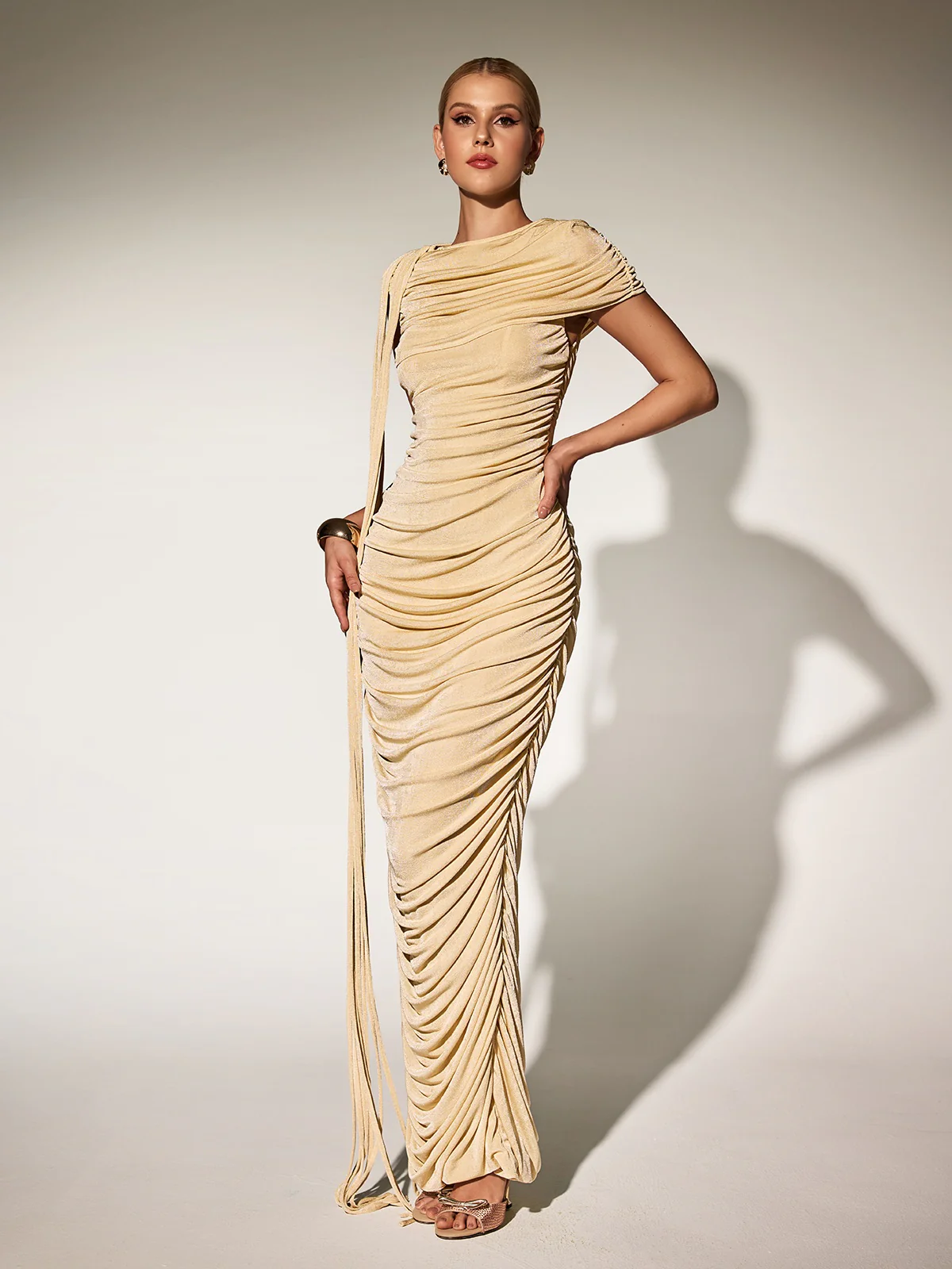 Katinka Draped Maxi Dress In Beige - Image 4