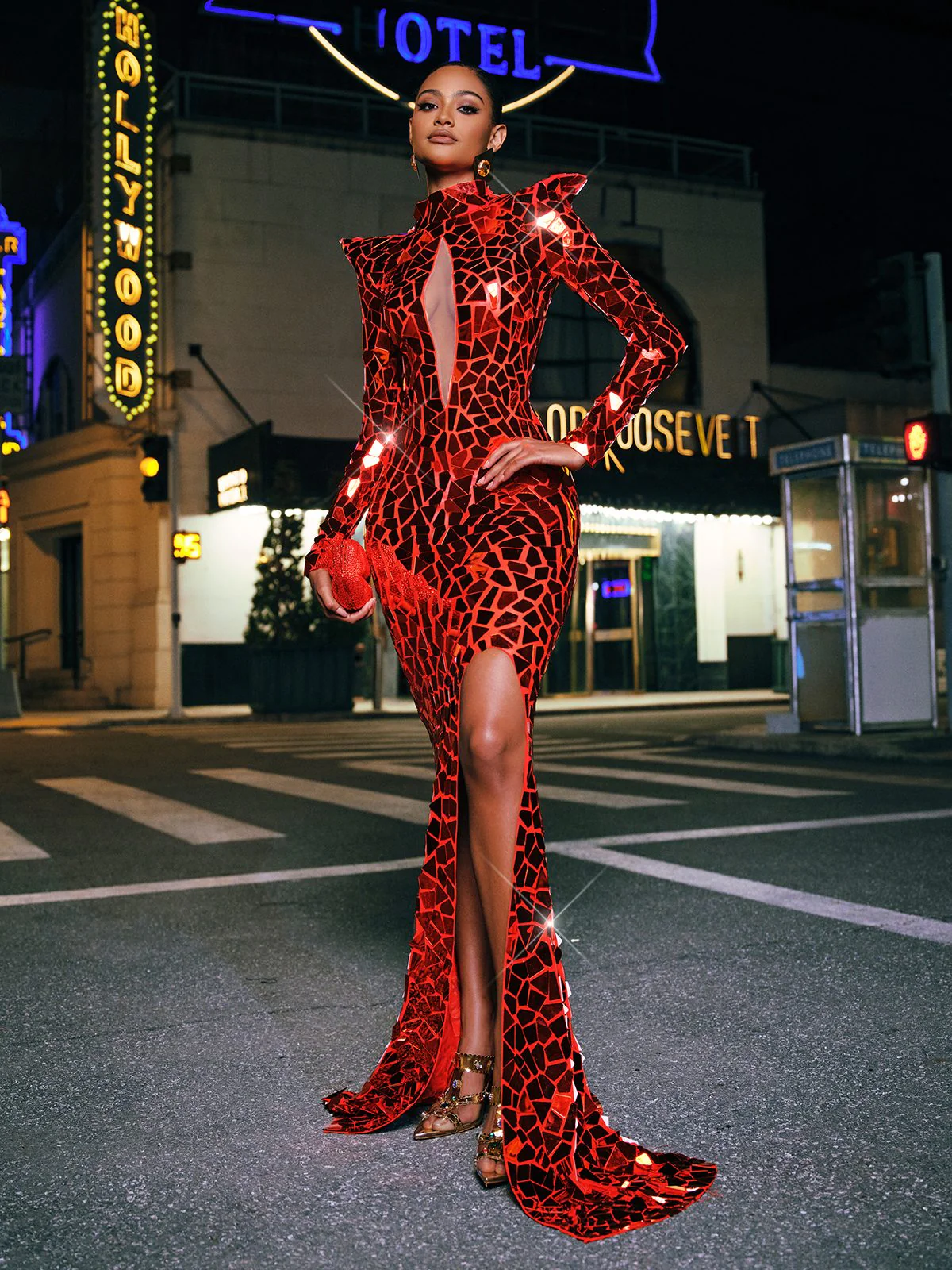Kellan Long Sleeve Embellished Split Maxi Dress In Red - Image 3