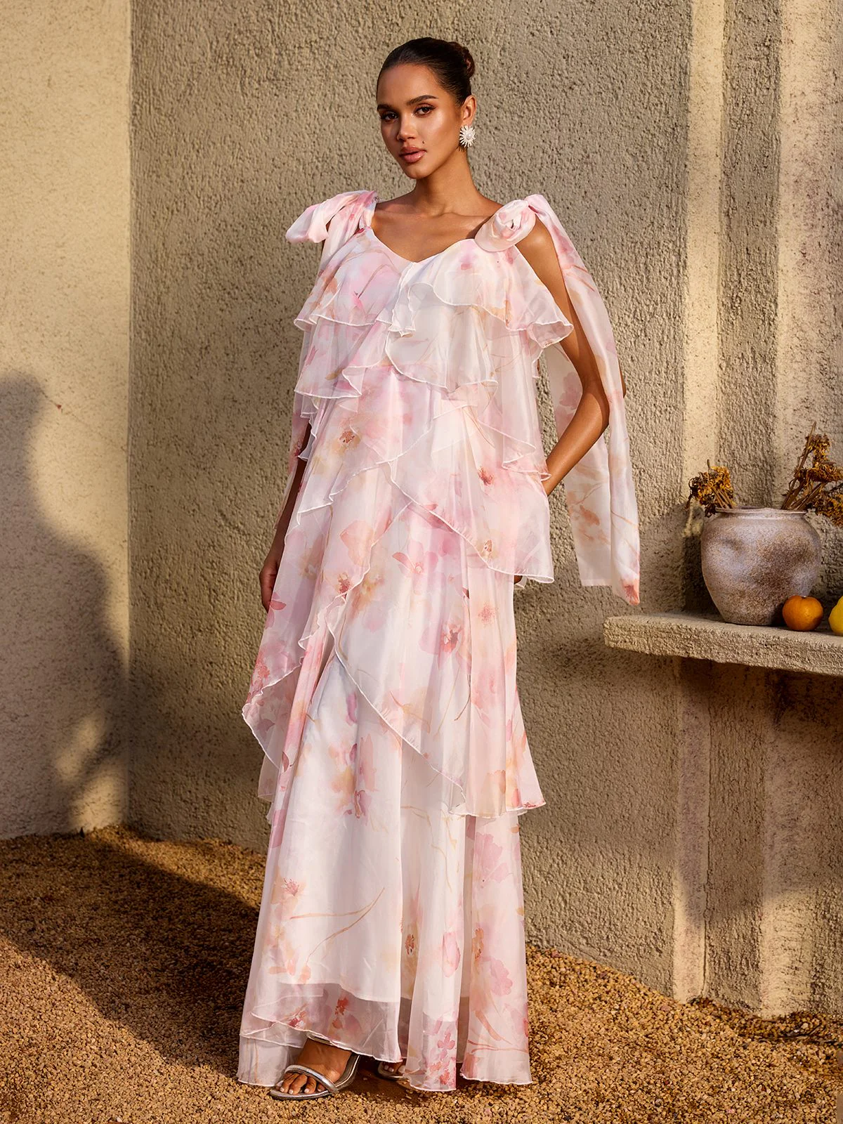 Kelvo V Neck Ruffle Floral Maxi Dress - Image 2