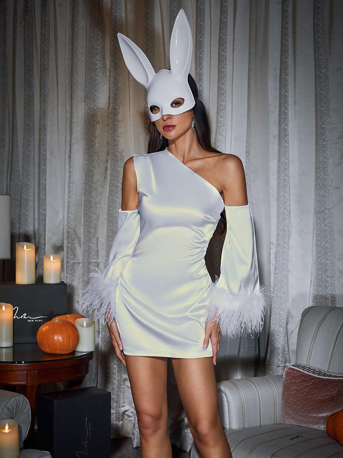 Klara Satin Feather Trimmed Mini Dress In White - Image 10