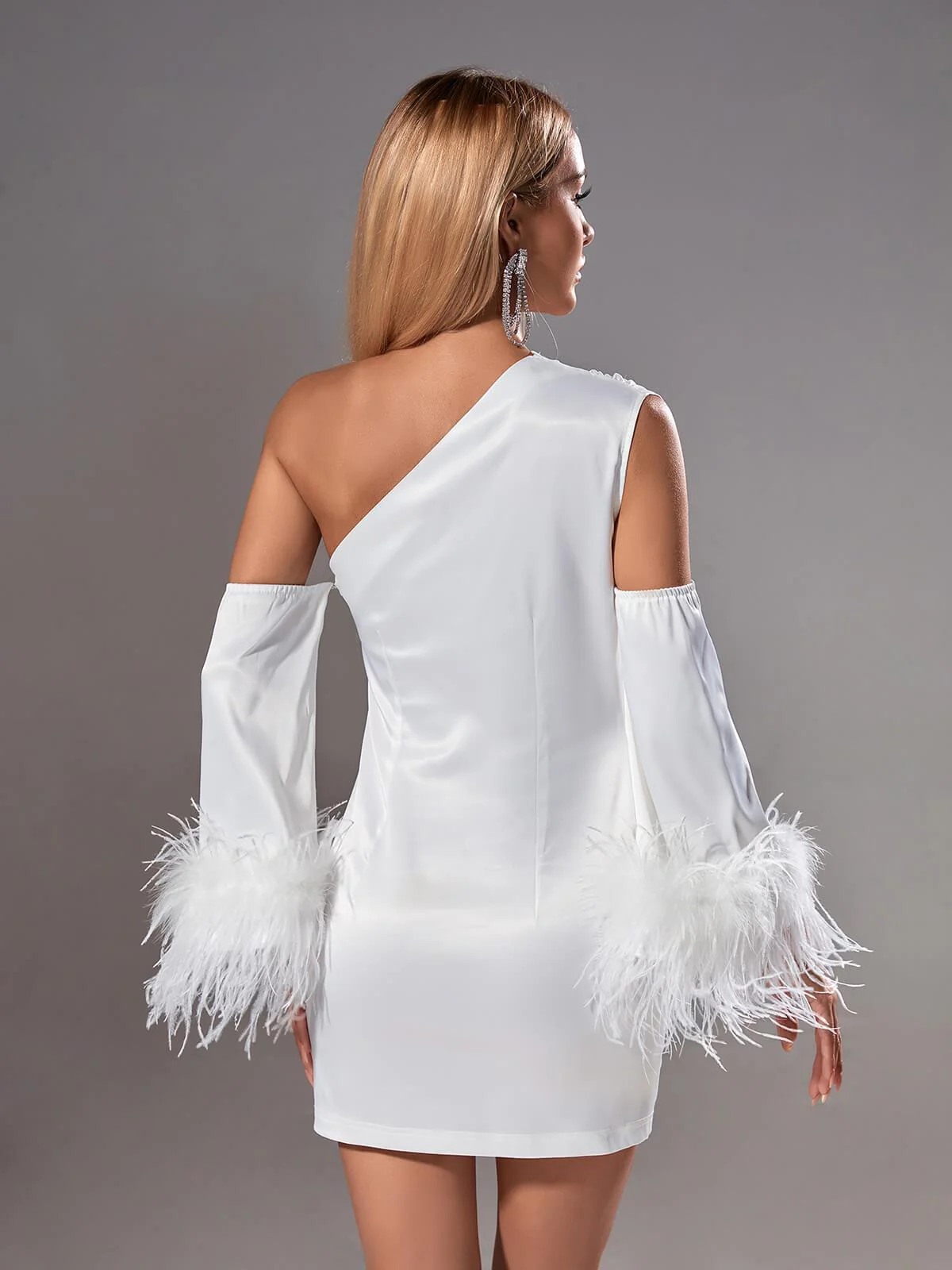 Klara Satin Feather Trimmed Mini Dress In White - Image 4