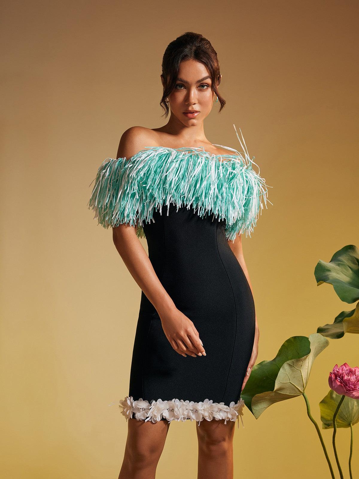 Koda Strapless Fringe Flower Bandage Mini Dress - Image 2