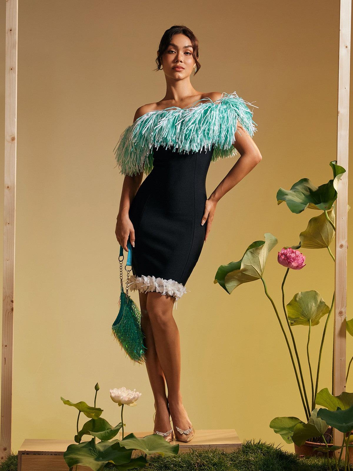 Koda Strapless Fringe Flower Bandage Mini Dress - Image 3