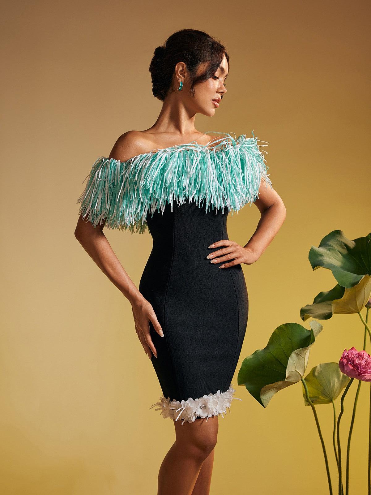 Koda Strapless Fringe Flower Bandage Mini Dress - Image 4