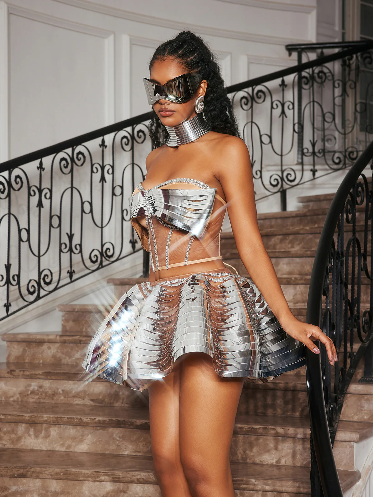 Kretska Crystal Metallic Skirt Set In Silver - Image 4