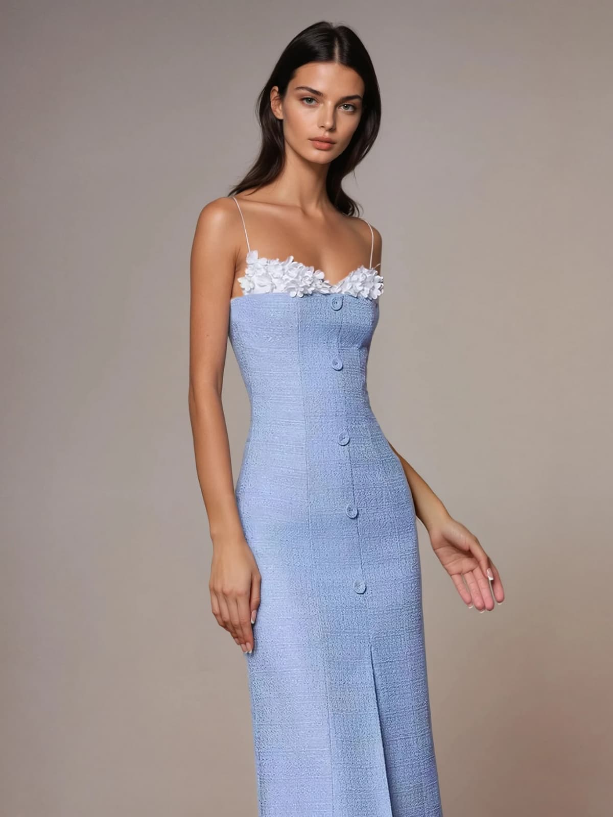 Kuratox Spaghetti Flower Split Midi Dress In Blue - Image 3