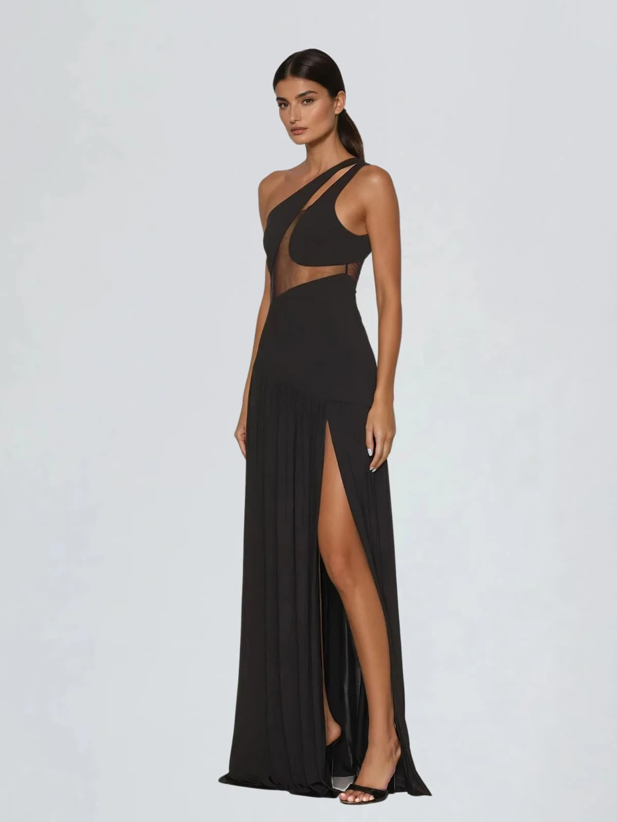 Lateefah One Shoulder Split Maxi Dress In Black - Image 3