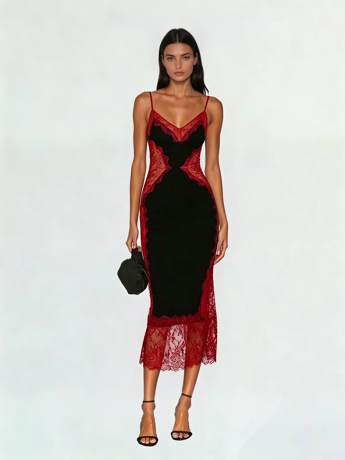 Latham Spaghetti Lace Midi Dress In Black & Wine