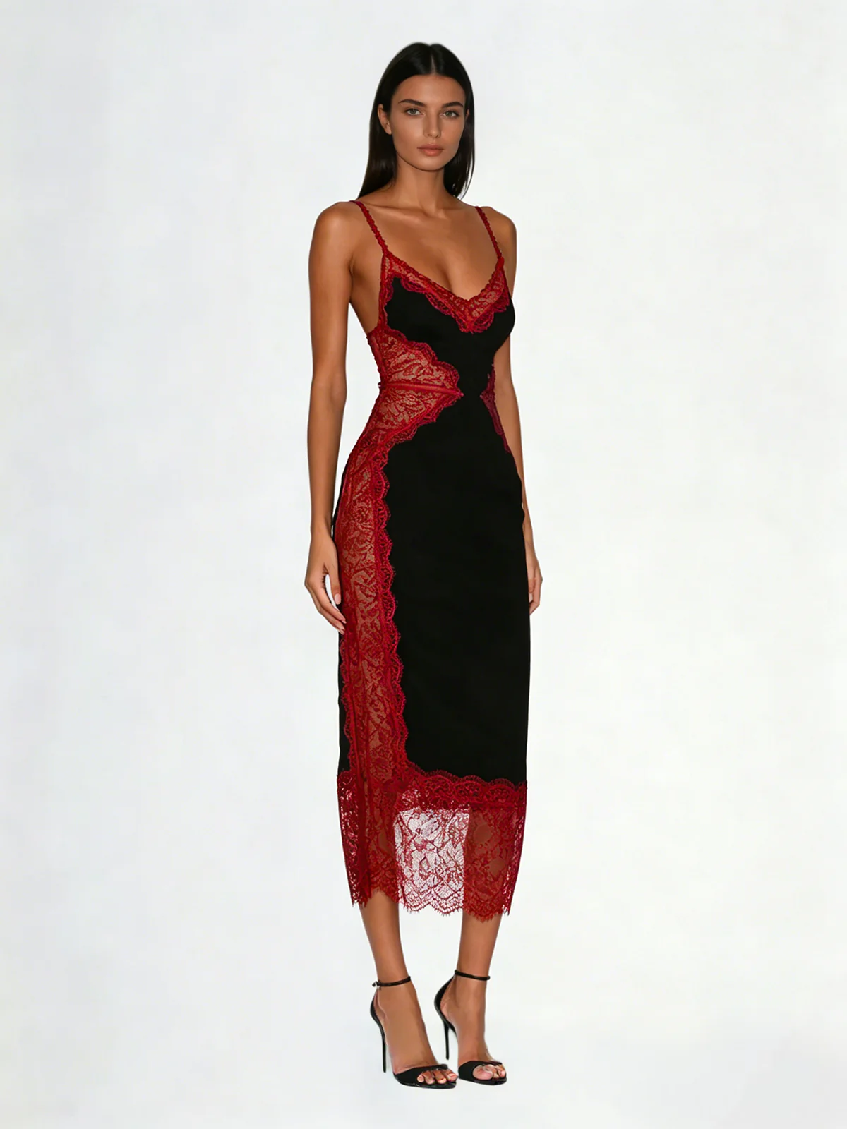 Latham Spaghetti Lace Midi Dress In Black & Wine - Image 2