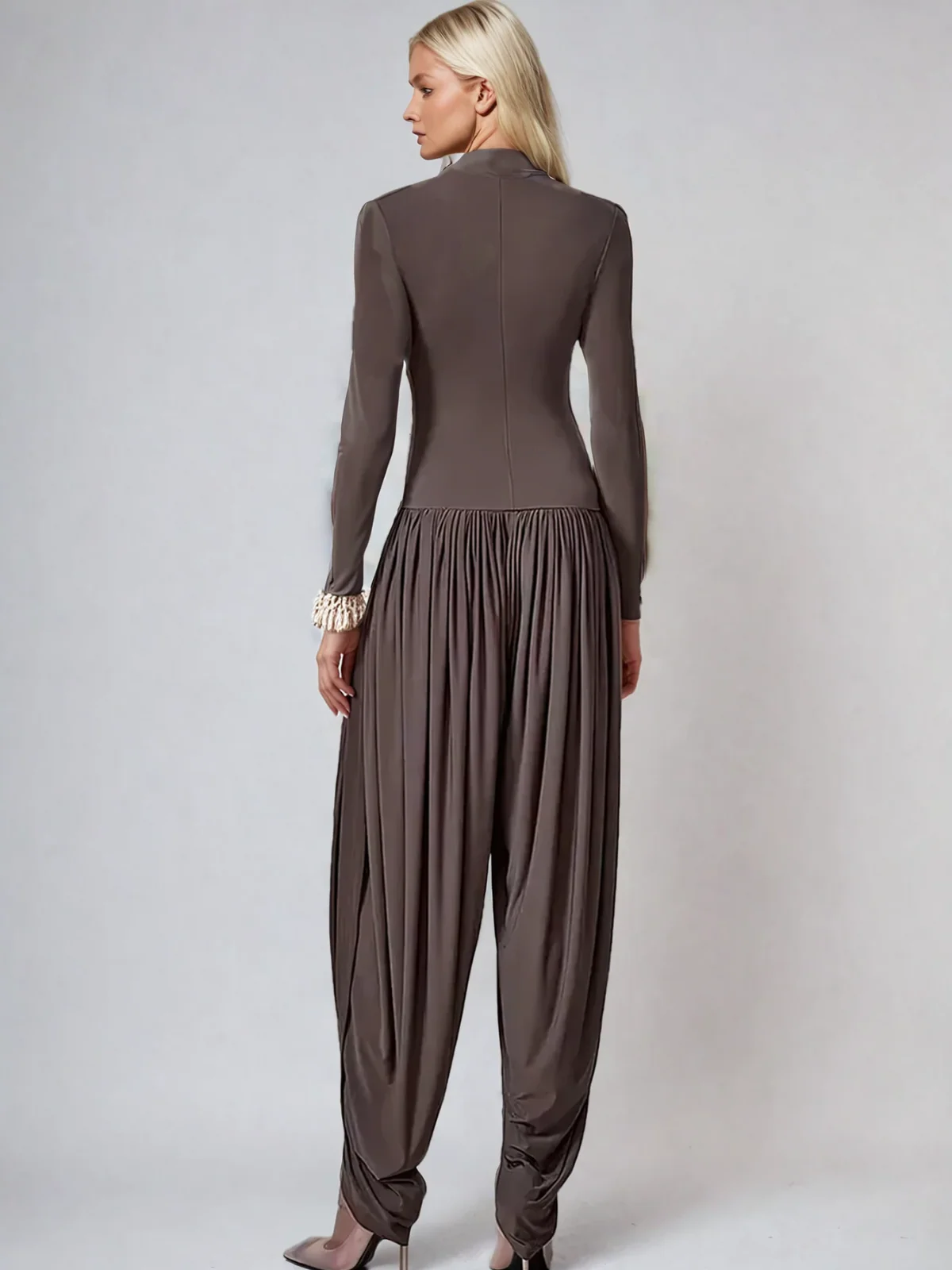 Laurien Long Sleeve Ruched Jumpsuit In Coffee - Image 3