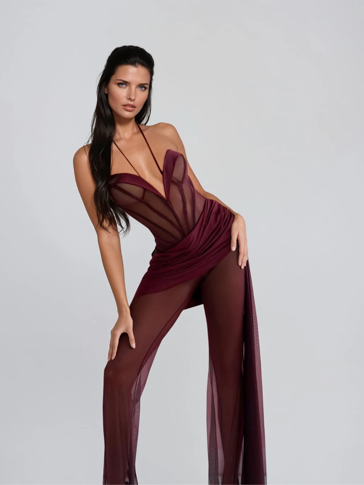 Lavryn Halterneck Mesh Draped Jumpsuit In Wine - Image 2
