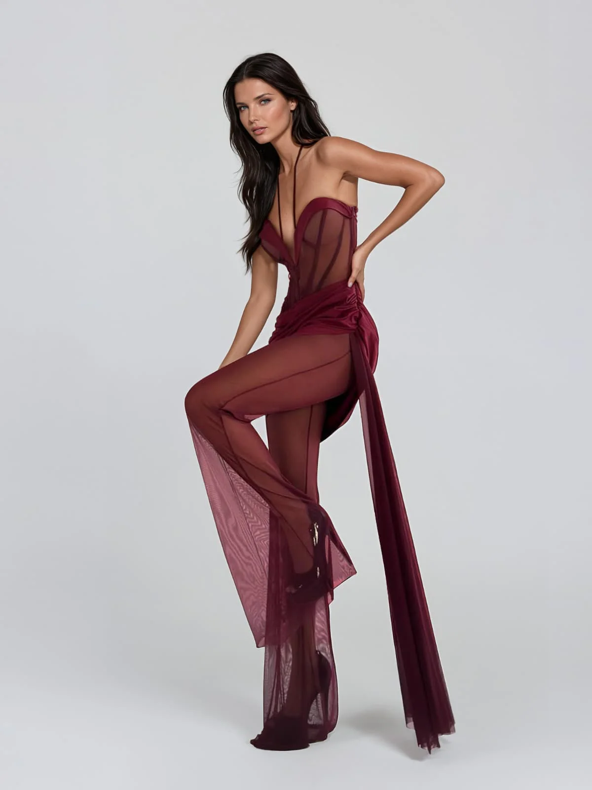 Lavryn Halterneck Mesh Draped Jumpsuit In Wine - Image 4