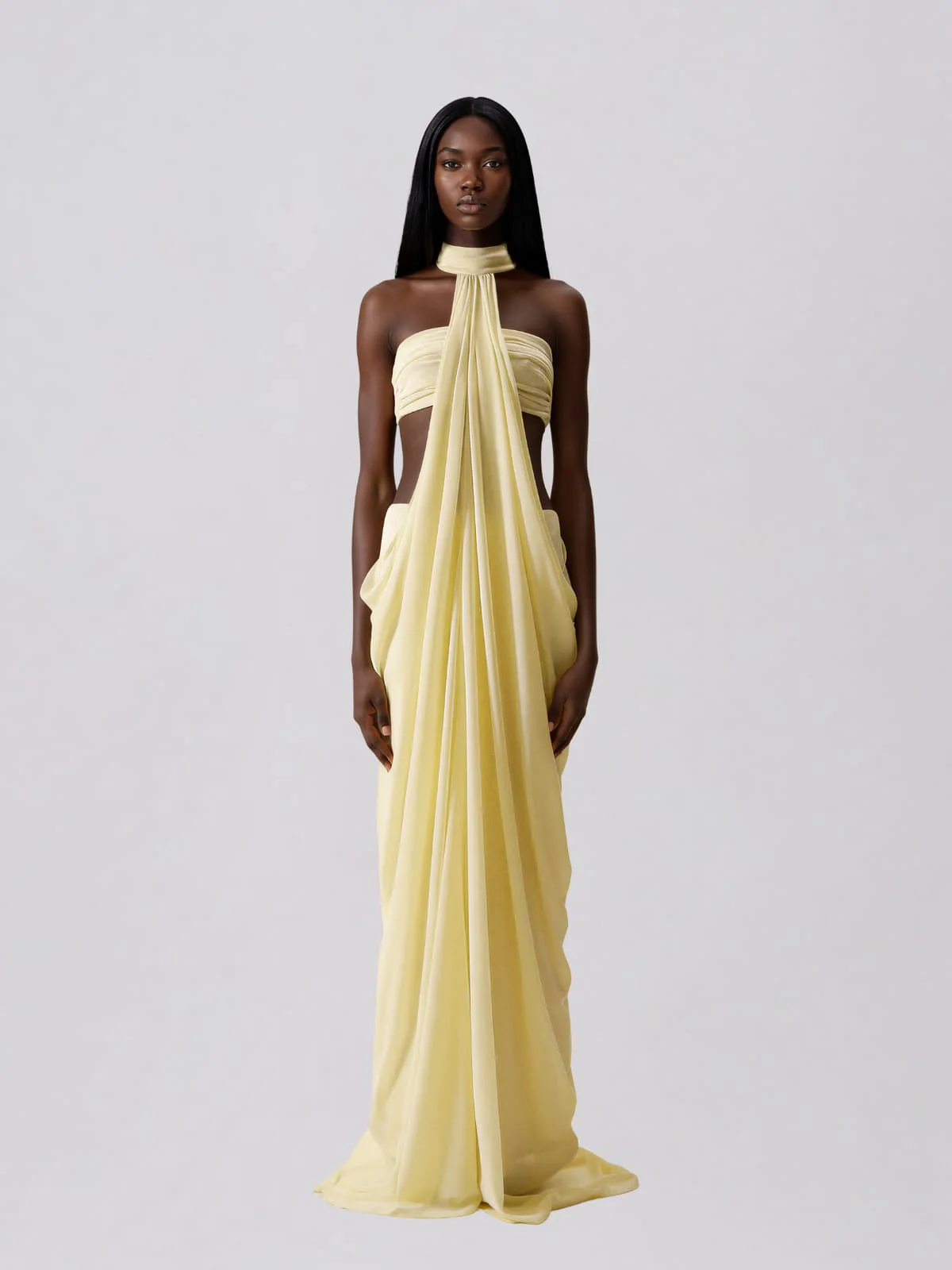Layric Halterneck Draped Skirt Set In Butter Yellow