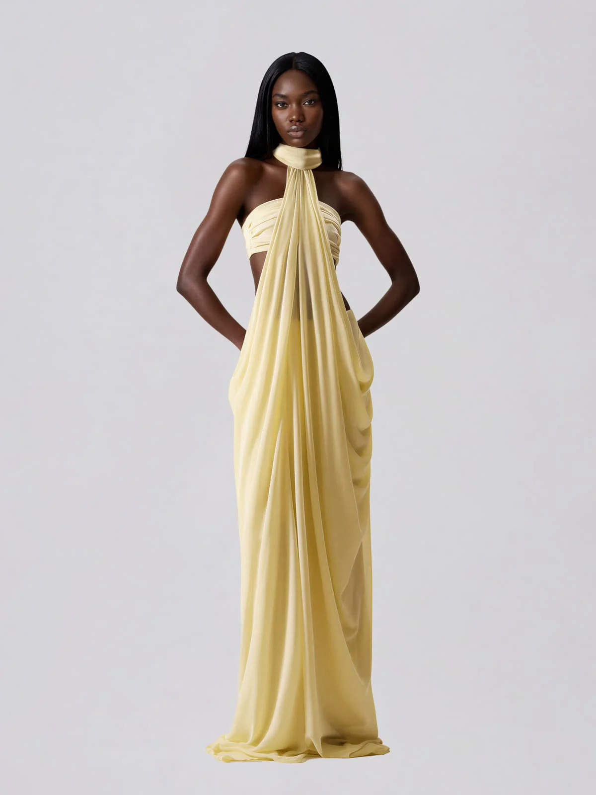 Layric Halterneck Draped Skirt Set In Butter Yellow - Image 2