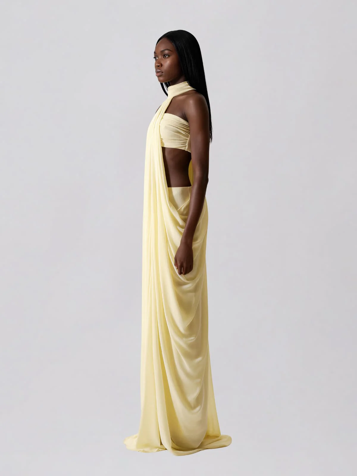 Layric Halterneck Draped Skirt Set In Butter Yellow - Image 3