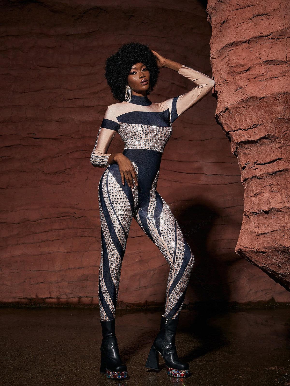 Leatrice Square Rhinestone Stripe Jumpsuit - Image 3